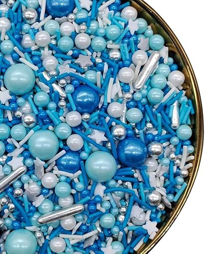 Sprinkles Perles comestibles bleues, argentées, blanches, 120 g, mélange de saupoudres de gâteau pour décoration de gâteaux, Jimmies, cupcakes, manvscakes, confettis