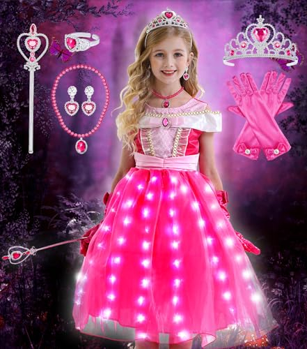 Tacobear LED Vestito Principessa Bambina Aurora Abito Costume Principessa Corona Bacchetta Collana Orecchini Anello Guanti Compleanno Halloween Carnevale Cosplay Ragazze 2-8 Anni