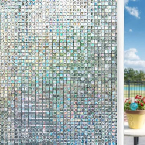 Fyuein Fensterfolie Blickdicht Selbsthaftende Fensterfolie Statisch Haftend Dekorfolie Sichtschutzfolie Anti UV (Mosaik - Transparent, 75x300CM)
