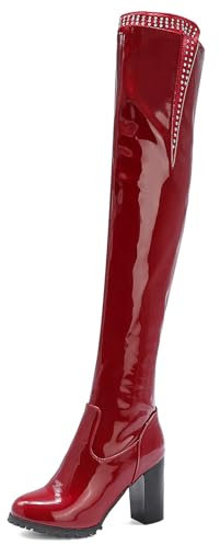 Joliss Donna Stivali Alti Tacco a Blocco Stivali Sopra Il Ginocchio Punta Rotonda Zip Stivali Sopra Il Ginocchio Rosso Numero 46 EU/48Cn