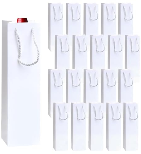 Sacchetti regalo per vino, confezione da 20 sacchetti di carta per vino, ideali per feste di compleanno, Natale, matrimoni, banchetti, con manici, per bottiglie di vino, colore bianco.