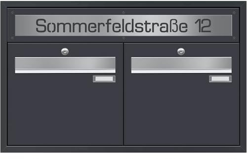 Frabox Briefkastenanlage 2 Parteien Unterputz Briefkasten XXL personalisiert Straße Hausnummer RAL 7016 2 Familienhaus anthrazit-grau ohne Zeitungsfach Wandbriefkasten groß Made in Germany LUIS