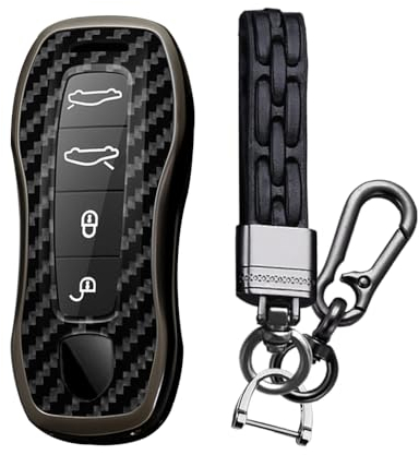 TECART Coque de clé de voiture compatible avec Porsche 911 958 971 996 997 987 987 GT3 9YA Macan Boxster Carrera Taycan Panamera Cayman Cayenne PVC Porte-clés Keyless Go Protection 4 boutons Fibre de