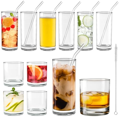 Winter Shore Set Bicchieri Alti e Larghi (12 Pezzi) - Cocktail Vetro Senza BPA per Acqua, Succo - 310ml e 320ml, 6 Pezzi Ciascuno Con 6 Cannucce di Vetro e 2 Scovolini