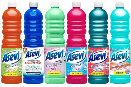 Asevi Concentrated Floor Cleaner Liquid Bundle (7 x 1L) | Spanish Cleaning Products | Hard, Laminate Disinfectant Floor and Surface Cleaner | Orange, Pet, Mio, Cian, Cera & pH Neutral