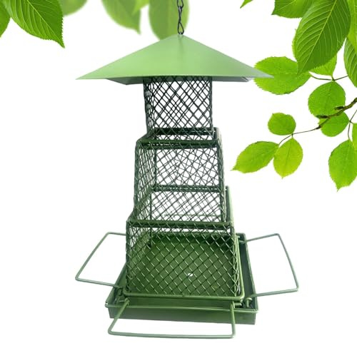 Eichhörnchensicher Vogelfutterstation - 3-lagiges Haus Vogelfutterhaus Metall Vogelhaus Vogelhäuschen Metall Vogelhaus mit hängender Kette Langlebige Wildvogel-Futterspender Metall Hängende