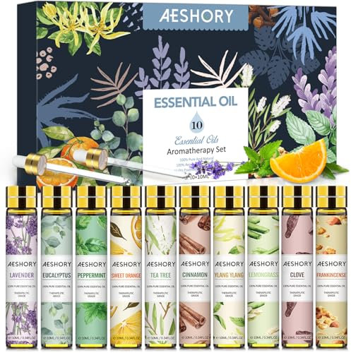 Aeshory Essential Oils Set 10 x 10ML, Pure Premium Aromatherapy Essential Oil for Diffuser for Home, Cleaning, Relaxation, Massage, Skin Care, Air Freshening, DIY Soap & Candle, Perfume Making