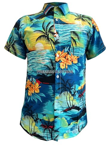 look now Mens Hawaiian Shirt STAG DO Palm Tree Aloha Holiday Beach Summer Fancy Party (UK, Alpha, M, Regular, Regular, C72 - Turquoise)