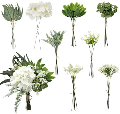 YELIKIT 62 Pcs künstliche Greenery Stems Box Set, 8 Arten von Faux Pflanzen und gefälschte Blumen für DIY Hochzeit Bouquet Füller Tisch Centerpieces und Blumenarrangement(Weiß & Grün)