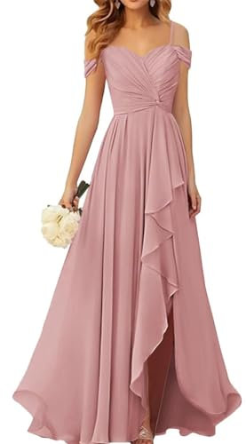 WSEYU Abiti da damigella d'onore con spacco pieghettato chiffon abiti da ballo lungo abito da sera formale, Rosa polvere, 46