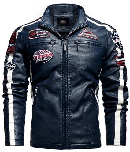 PIIBON | Chaqueta para Hombre de Piel sintética. Cazadora de Cuero sintético estilo Motero. Moda Casual de Cuero Vegano. Biker - Motociclista. (FR/ES, Letras, M, Regular, Regular, Azul - Navy)