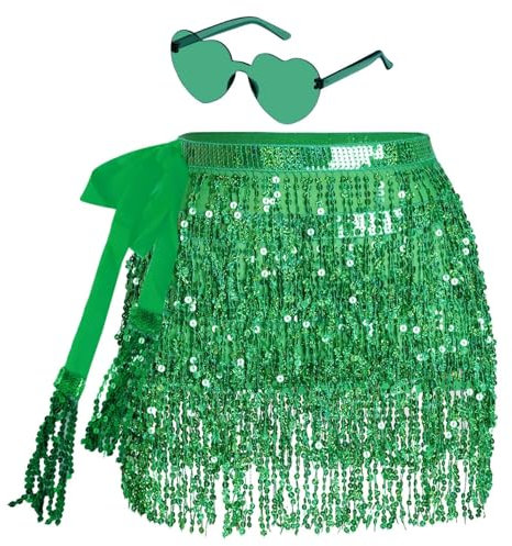 Paillettenrock für Damen, Fransenrock mit Hippie-Brille, kurzer lateinischer Minirock, Bauchtanz-Kostüm, Rave-Kostüm für Damen und Mädchen, grün, Einheitsgröße