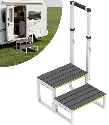 Depsunny Wohnmobil-Stufen mit Handlauf (66 cm - 96,5 cm), doppelseitige Einrichtung, tragbare 2-stufige RV-Treppe mit Breiten Anti-Rutsch-Matten, ideal für Wohnmobile, Veranden, Whirlpools, Pools und