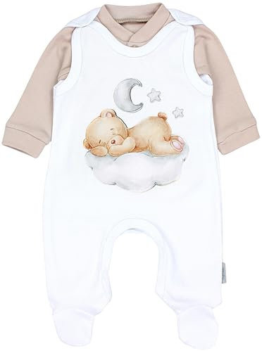 TupTam Baby Mädchen Jungen Strampler mit Langarmshirt Aufdruck Spruch 2 teilig, Farbe: Bärchen auf der Wolke Weiß Beige, Größe: 62