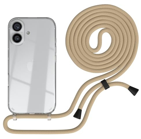 EAZY CASE Handykette kompatibel mit iPhone 16 Handyhülle mit Umhängeband, Handykordel mit Schutzhülle, Silikonhülle, Hülle mit Band, Stylische Kette für Smartphones, Taupe - Clips Schwarz