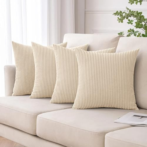 Moonlight Bedding Corduroy Cushions with Covers included Cream Pack of 4 (4 covers, 4 inserts) 45 x 45 cm Decorative Stripe Throw Pillow Cases with Invisible Zipper for Living Room Bed Sofa