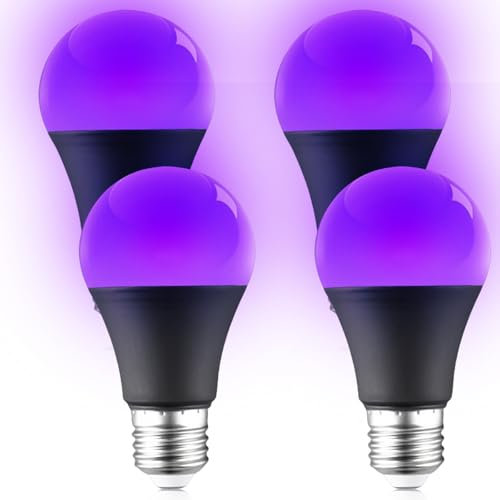 GOMETY UV Schwarzlicht Glühbirne: 4 Stück 9W UV Leuchtmittel E27, 385-400nm UV Beleuchtung Partylicht LED UV E27 Glühlampe Black Light Bulb, UVA Level Schwarzlichtlampe, Schwarzlicht Strahler Birne