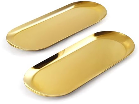 XIKAYA Bandeja de Plato Dorado, 2 Piezas Bandeja de Almacenamiento Ovalada de Acero Inoxidable, Plato Organizador de Cosméticos, Bandeja para Postre, Joyas, Velas- 30 x 12 cm