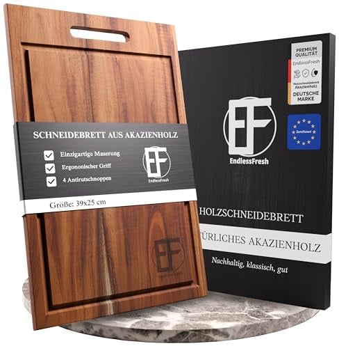 EndlessFresh Schneidebrett Holz - Premium cutting board wood - 39x25cm groß - Holzbrett Küche Akazienholz - Frühstücksbrettchen Holz mit Saftrille, Griff und Füßen - Schneidebrett groß - massiv