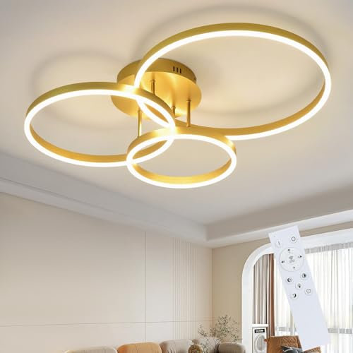 ZMH LED Deckenlampe Deckenleuchte Wohnzimmer - Wohnzimmerlampe Dimmbar 82CM Modern Design Gold 74W Schlafzimmerlampe mit Fernbedienung 3 Ring aus Acryl Deckenbeleuchtung für Schlafzimmer Küche