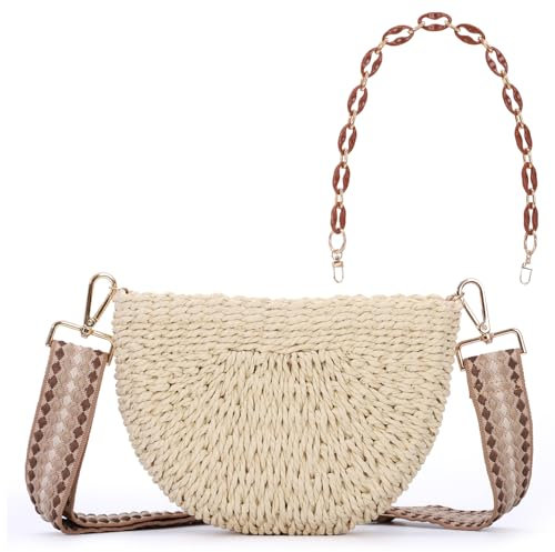 SUKUTU Sac d'épaule Tressé en Demi-cercle pour Femmes Sac de Plage en Paille Sac d'épaule Tressé avec Bandoulière en Chaîne