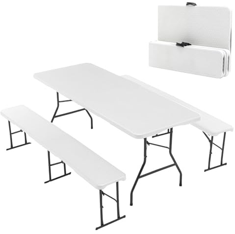 BIRCHTREE Folding Foldable Table Bench Set 6FT 1.8M Heavy Duty HDPE Steel Legs Portable Outdoor Camping Garden Picnic BBQ Party White