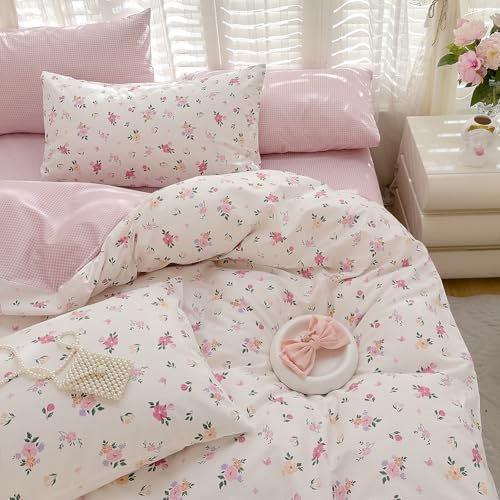 Nayoroom Bettwäsche 155x220 Baumwolle Blümchen Aesthetic Weiß mit Blumen Bettwäsche-Set mit Kissenbezug 80x80 cm Blumenmuster Weiß Rosa Wende Bettbezug 155 x 220 cm und Reißverschluss