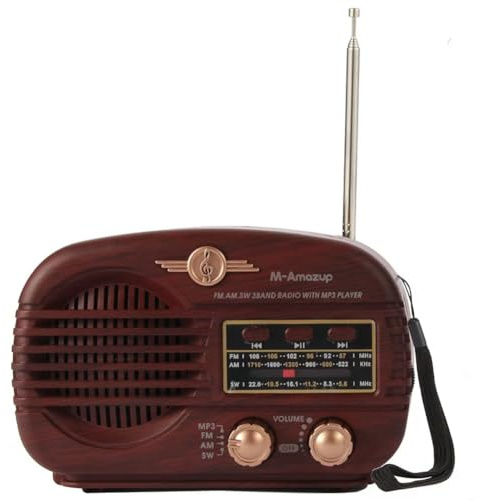 Fangxuee Transistor AM FM Bluetooth Radio Retro Portable Battery Operated USB Music Player Brown