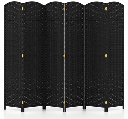 FANTASK Raumteiler 6-teilig, 240 x 170 cm, Paravent Deko mit handgewebter Textur & massivem Holzrahmen, Room Divider, Raumtrenner für Wohnzimmer, Schlafzimmer, Balkon (Schwarz)