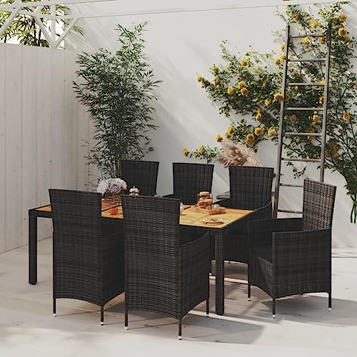 Teenpull 7-TLG. Garten-Essgruppe Poly Rattan Schwarz, große Outdoor Essgarnitur mit Stühlen & Tisch, Bequeme Kissen, stilvolles Gartenmöbel Set für Balkon & Terrasse