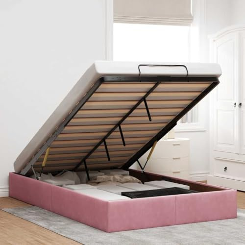 ACAGALA Polsterbett mit Bettkasten 120x200 cm, Einzelbett mit Stauraum, Bettgestell mit Lattenrost, Bettrahmen ohne Matratze, Boxspringbett für Schlafzimmer, Gästezimmer, Samt, Rosa