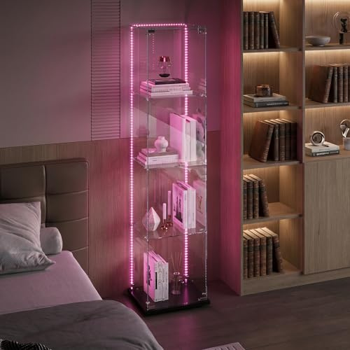 Zorvani Glasvägg Stående Vitrinskåp med LED, Glasvägg Stående med 4 Lager Glas, Vitrinskap 1 Dörr & Lås Glasvägg för Vardagsrum Kontor Samlarobjekt (Svart & LED 2, 4 Plan, 1
