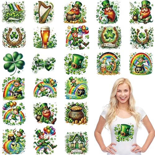St. Patrick's Day DTF Transfers Ready to Press, 24 PCS Leprechaun Clover Iron-on Transfers, Green Holiday Heat Transfer Vinyl for T-Shirts, Hats, and DIY Irish Crafts