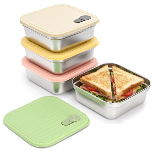 Hiceeden 4 Pcs Stainless Steel Sandwich Container, 21oz / 350ml Metal Lunch Boxes with Lids for Meal Prep, Snacks, Fruits, BPA-Free Food Storage Containers for Office, Travel, 4 Colors, Square