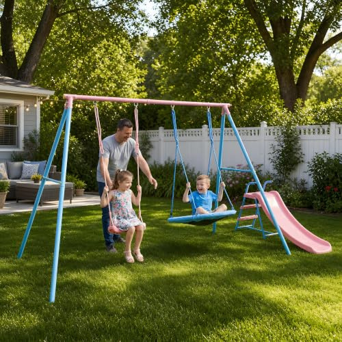 KDYMOD Kinderschaukel Outdoor Schaukel Set mit Gestell Slide Schaukelgestell Outdoor Nestschaukel Schaukelgerüst Bis 200 KG Belastbar Swing Gartenschaukel für 2-3 Kinder Doppelschaukel Tellerschaukel
