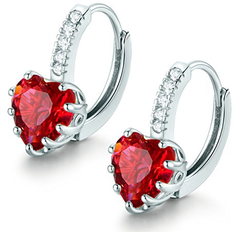 MASOP Boucles d'oreilles Pendantes Créoles en Argent 925 Avec Juillet Rubis Pierre de Naissance Coeur - Idée cadeau anniversaire,Noël,Saint Valentin