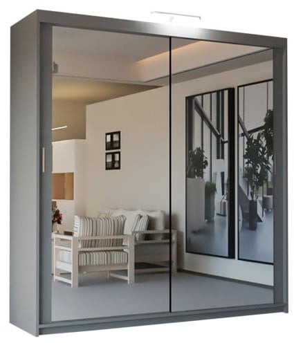 SLIDING WARDROBE 4U Mirror Sliding 2 or 3 Door Wardrobe with LED Light 90cm/120cm/150cm/180cm/203cm/250cm White-Black-Grey-Walnut-Wenge-Oak (Grey, 150cm)