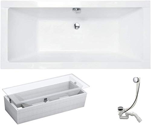 VBChome Badewanne 155x70 cm Acryl SET Wannenträger Siphon Wanne Rechteck Weiß Design Modern Styroporträger Ablaufgarnitur in Chrom Viega Simplex für 2 Personen (155x70cm)