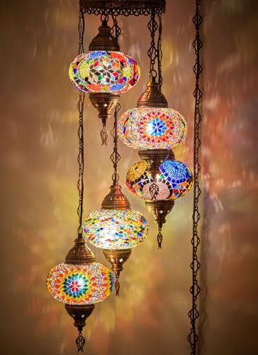 Lampe à brancher, plafonnier suspendu en mosaïque colorée turque marocaine, luminaire suspendu, lustre avec cordon de 4,5 m et prise UE, 5 abat-jour, aucun câblage requis, pend 110 cm