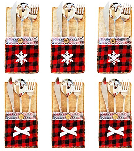 Petalum Set di posate decorative natalizie da tavola, per feste, per posate e posate, Fiocchi di neve a quadretti, 6 pezzi