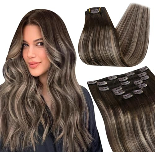 Ugeat Human Hair Clip in Extensions 22 Inch 120g Brown Balayage #4/18/4 | Clip in Hair Extensions, Chocolate Brown Balayage Ash Blonde, Remy Hair, Beginners, Easy Application, Natural Straight Style