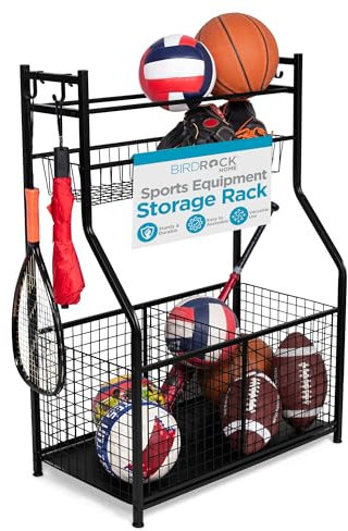 BIRDROCK HOME Sports Equipment Ball Storage Rack for Garage - Baseball, Tennis, Football, Gym and Basketball Gear Organizer - Rack - Wide Bin Basket - 4 Hooks - Tools Garden Shovels Rack - Indoor