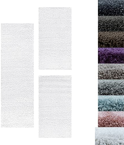SIMPEX Bettumrandung Schlafzimmer 3teilig Shaggy Hochflor Teppich Weiss Bettset: 2 mal 80x150 + 1 mal 80x250 - Schlafzimmer Teppich 3 Teilig Läufer Extra Weich Flauschig Bettvorleger Läuferset Halı