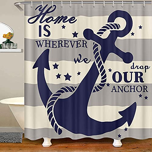 Homemissing Seeanker Duschvorhang 180x200cm Grau Beige Streifen Karikatur Anker Ketten Kreative Navigation Meer Thema Niedlicher Duschvorhang Textil Dekor Blau Wasserdicht Polyester Mit 12 Haken