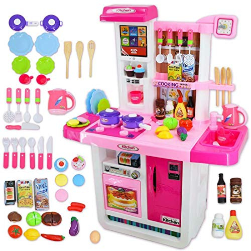 Delex Kitchen and Food Toys Kitchen Playset for Kids Role Play Game with kitchen utensils, Touchscreen Panel, Water Features With 50 Accessories