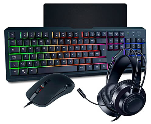 CiT Rainbow 4-in-1 Gaming Kit, Wired Keyboard (UK Layout) & Mouse with Headset and Mouse Pad, Rainbow LED Backlit, Multimedia Keys, 2400 DPI, 7 Colour LED Mouse Gaming Bundle For Windows | Black