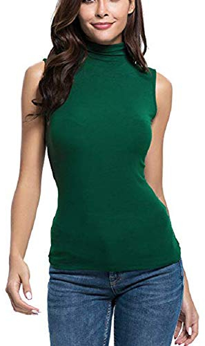 Womens Sleeveless Ladies Stretch Turtle Polo Roll Neckline Vest Plain T-Shirt Jumper Top (Bottle Green, 12-14)