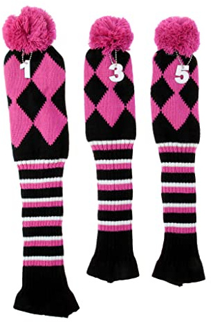 Easnea 3 Stück gestrickte Bommelsocken, 1-3-5, Golfschlägerhauben für Golfschläger/Fairway, Holz, Einheitsgröße, Pink