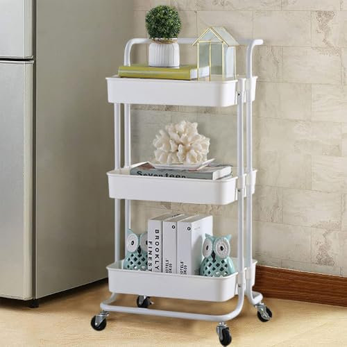HUOLE Chariot Mobile à 3 Niveaux, Desserte sur roulettes, Étagère de Rangement, avec poignée,paniers en Plastique, Montage Facile, pour Chambre, Cuisine, 43 * 36 * 86cm Blanc