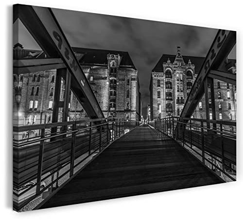 Leinwandbild (120x80cm) Hamburg, Speicherstadt Brücke Haus, schwarzweiß, Architektur-Fotos, echter Holz-Keilrahmen inkl. Aufhänger, handgefertigt in Deutschland